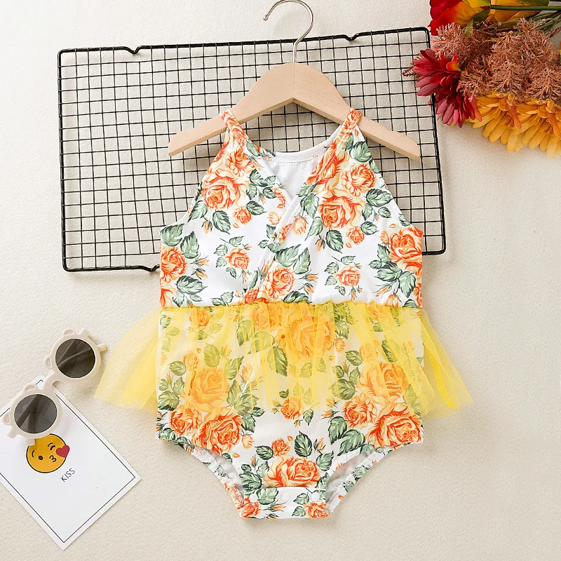 

Summer New Baby Girl Jumpsuit Cartoon Print Sleeveless V-neck Bodysuit Cute Mesh Fashion Infant Girl Romper