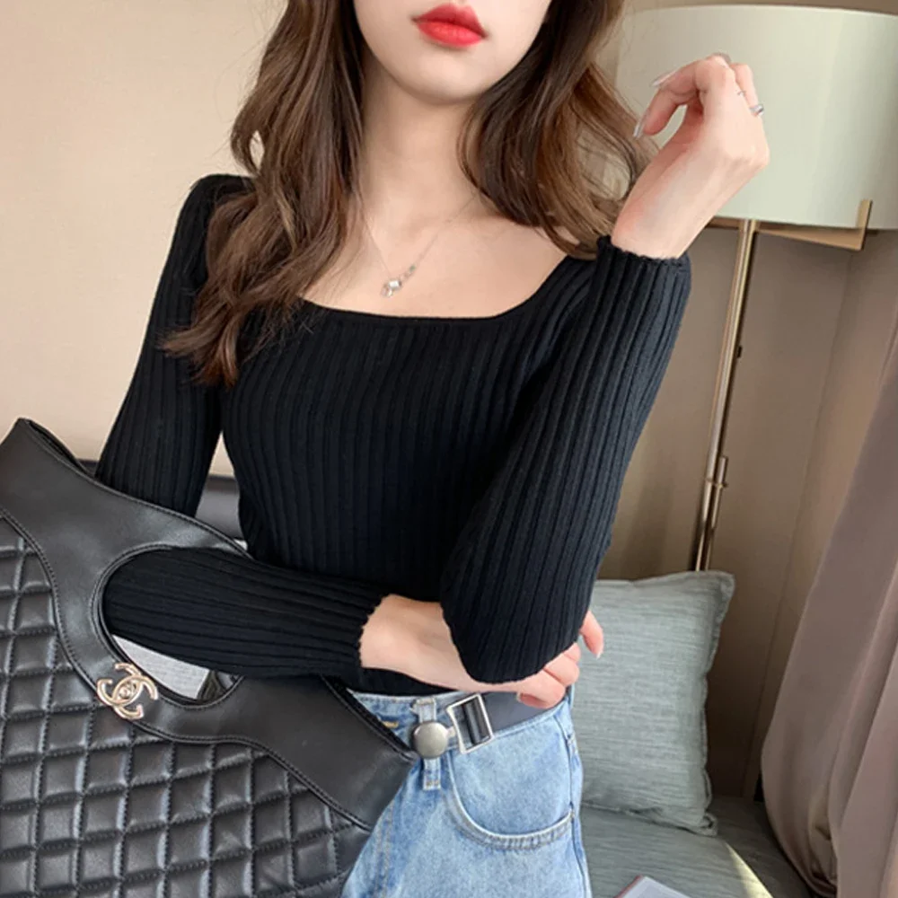 

Women Long Sleeve Square Neck Sweater White Blue Apricot High Fit T Shirts Pullover S-XL Slim Stretch Blouse Girl Elastic Top