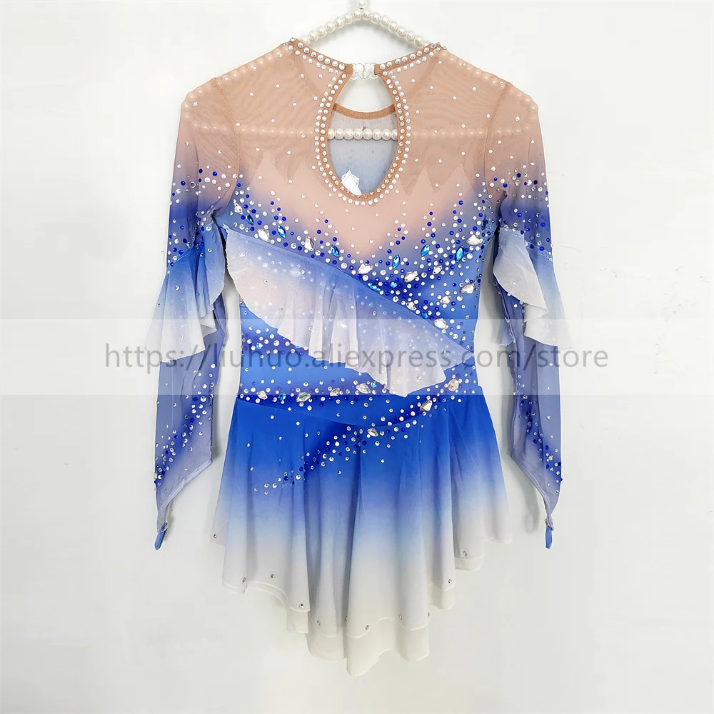 LIUHUO Frauen Aldult Teen Mädchen Anpassen Kostüm Leistung Wettbewerb Trikot Eis Eiskunstlauf Kleid Dance Roller Blau Rock