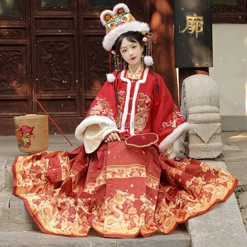 2024 elegant temperament festival garment chinese ming style gorgeous printing horse face skirt literature art warm cotton top