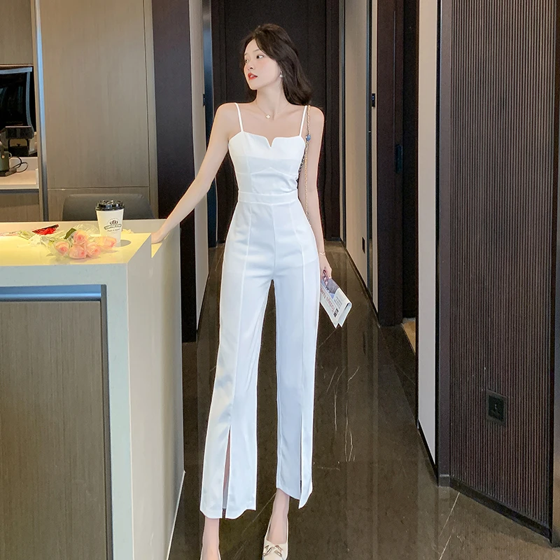 Jumpsuit Long Women's Elegant White Solid Color Backless Jumpsuit Sleeveless Women Cut Out Long Trousers Female