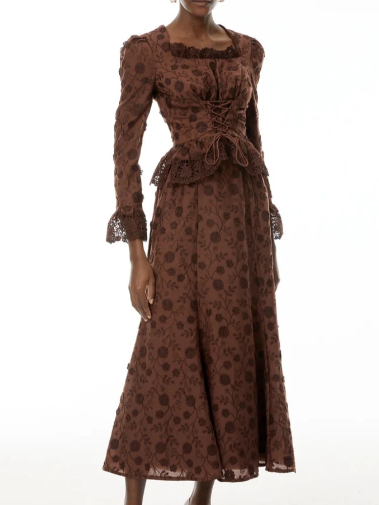 Women Embroidery Skirts Two Piece Set Sexy Square Neck Long Sleeves Lace-up Top + A-line Long Skirts Suits Party Evening Cocktai
