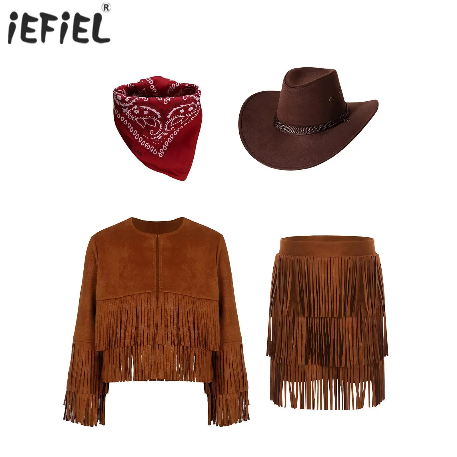 Disfraz de vaquera occidental para niñas, abrigo frontal abierto con flecos y borlas de manga larga con falda escalonada y sombrero de pañuelo