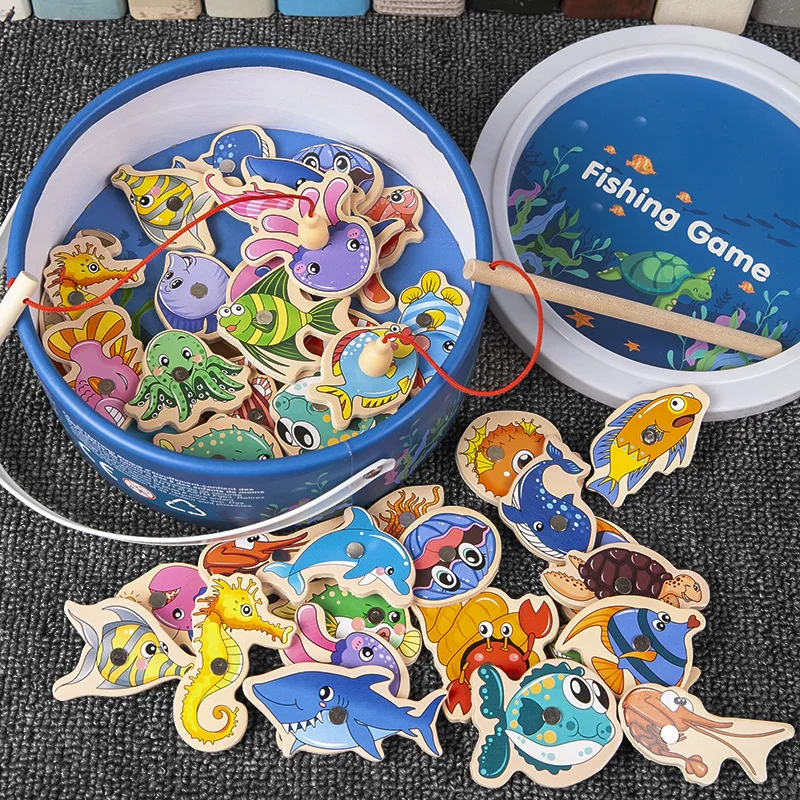 Montessori ของเล่นตกปลาไม้เด็ก Magnetic Marine Life ความรู้ความเข้าใจเกมปลาเด็ก Interactive ของเล่นเพื่อการศึกษา