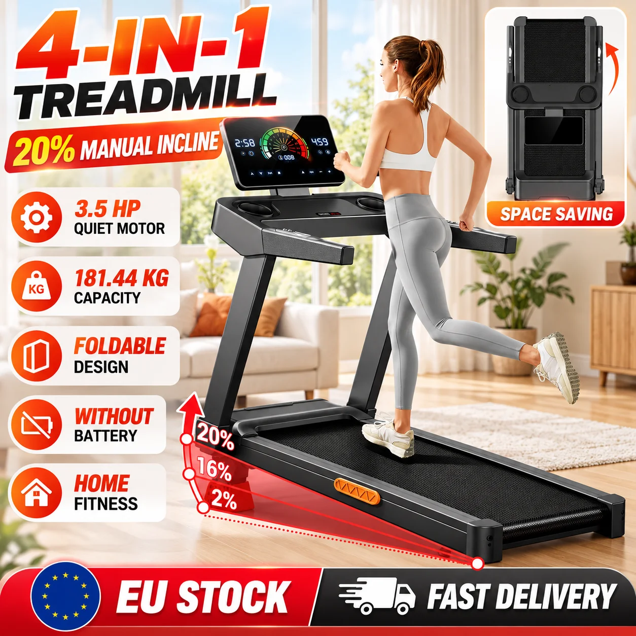 Tapis roulant multifunzione 4 in 1 per uso domestico, con inclinazione manuale del 20%, silenzioso, pieghevole, motore da 3,5 CV, capacità di carico di 181 kg, macchina per il fitness salvaspazio,