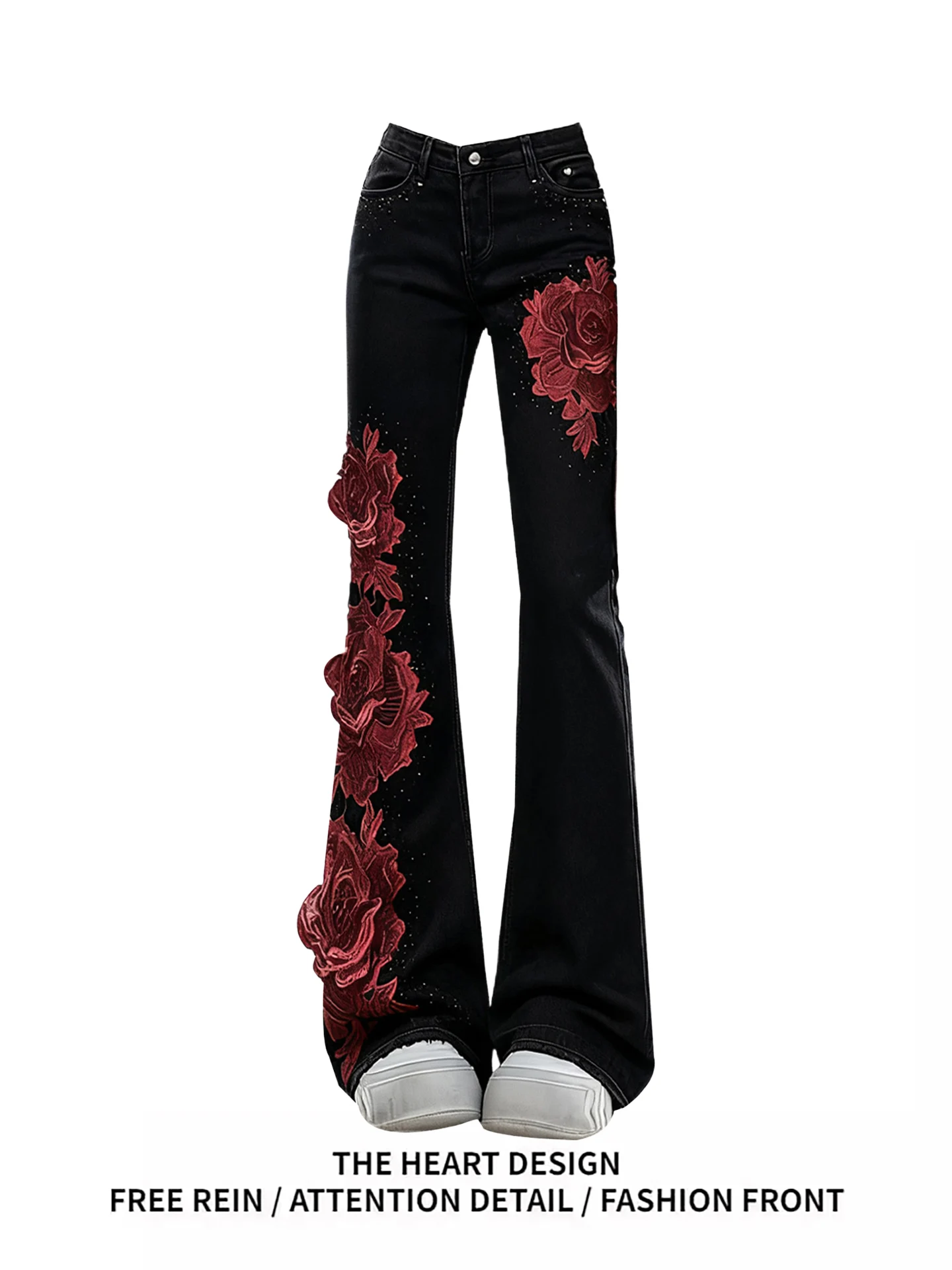 

Retro American Bla Bell Bot Denim Jeans Women's Spring Autumn New Design Rose Splicing Y2K Spicy Girl Long Pants