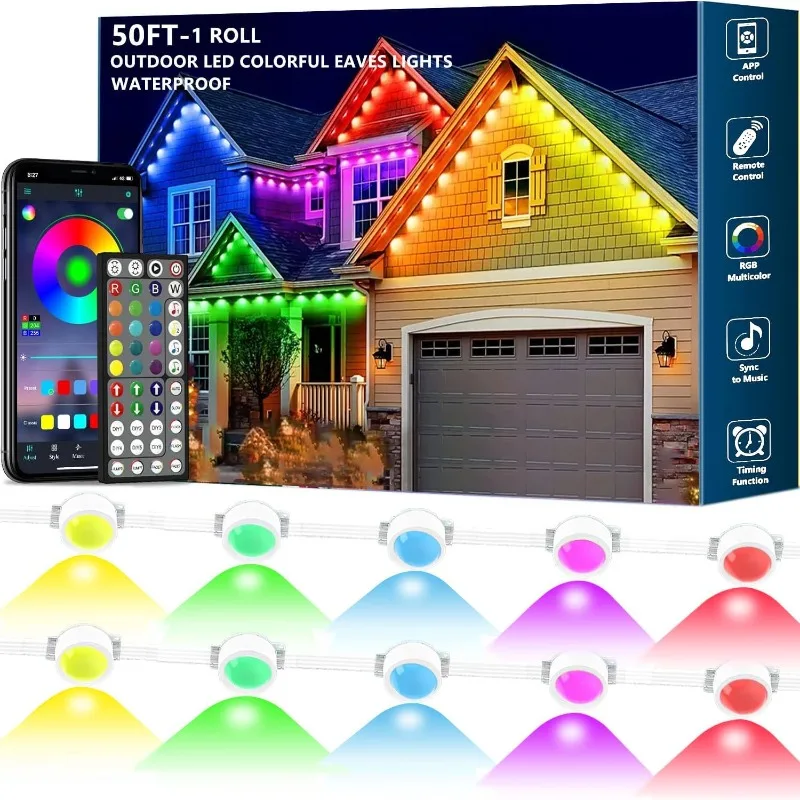 

50FT Permanent Outdoor RGB Lights,Waterproof Smart LED Eaves Lights with App/Remote Control,for Christmas and All Holiday Decor