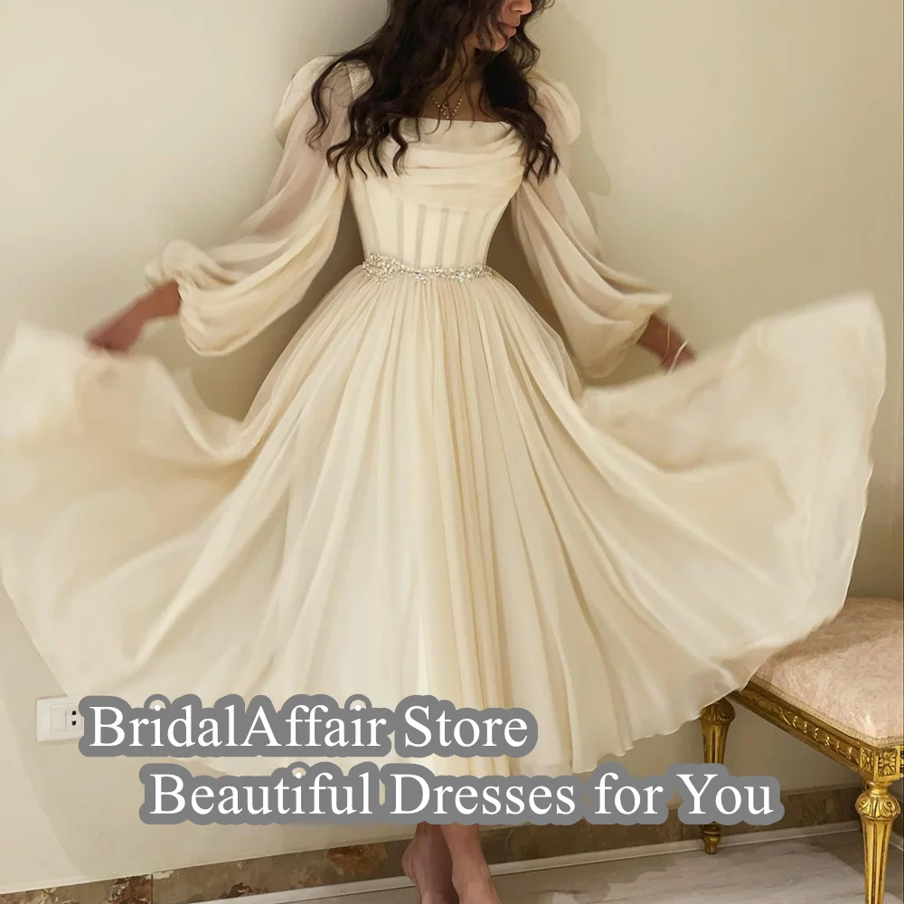 BridalAffair Dubai Beige Short Midi Arabic Evening Dress with Belt Long Sleeves Tea Length Women Formal Wedding Party Gowns