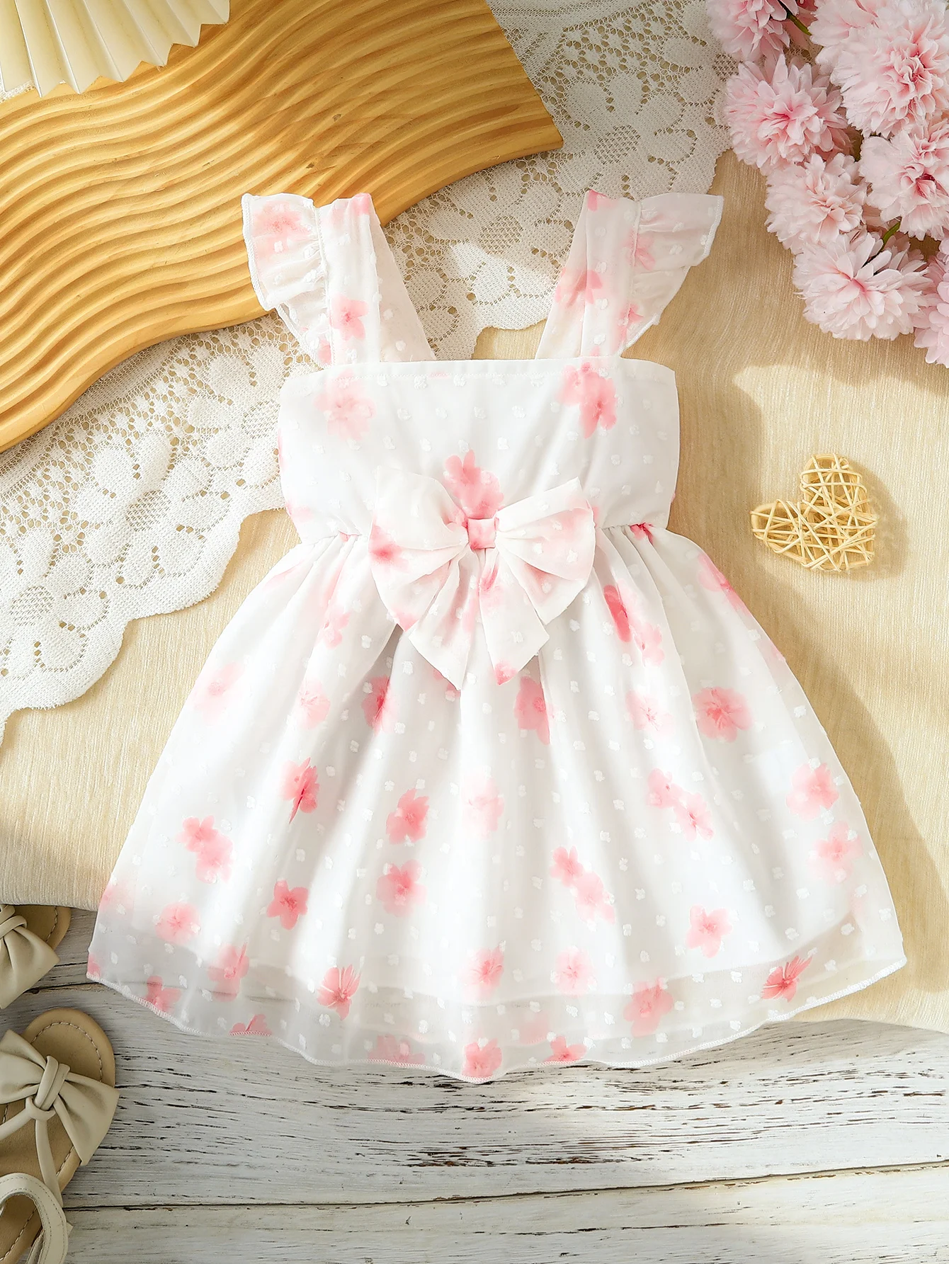1pc Summer Baby Girls Cherry Blossom Swiss Dot Suspender Dress, Ruffle Strap Big Bow Waist Chiffon Princess Dress, Fairy Floral