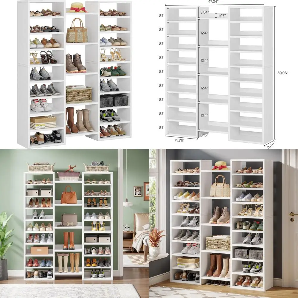 رف أحذية خشبي أبيض بطول 14 طبقة مع 22 رفًا مفتوحًا لتخزين 46 زوجًا