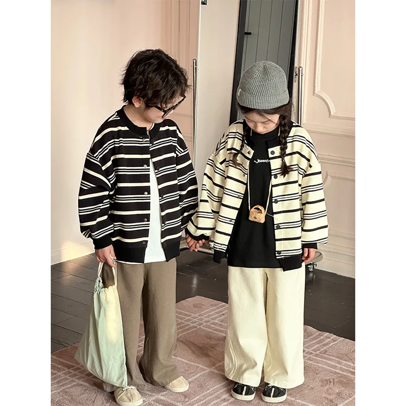 

Детская одежда, детское пальто, новинка весны 2024, повседневное простое Детское пальто в полоску с длинными рукавами в Корейском стиле для мальчиков и девочек