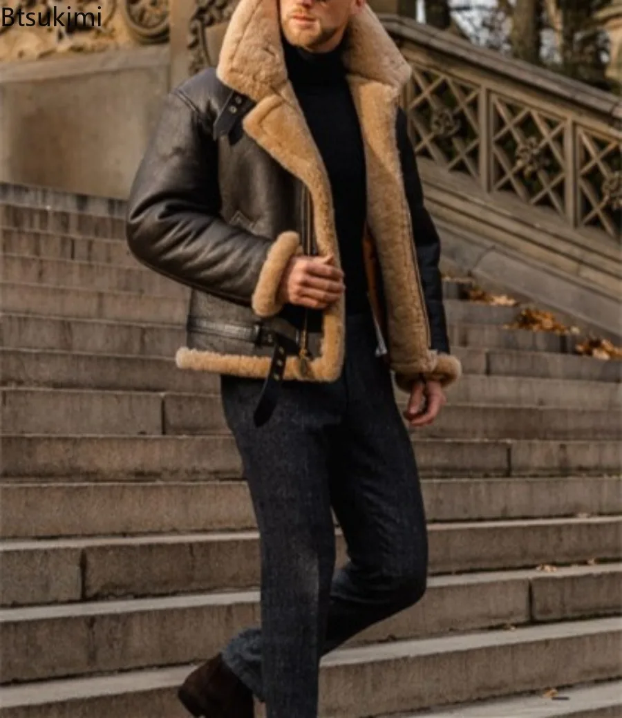 2026 Men's Winter Plush Leather Jacket Fashion Integrated Fur Thickened Warm Long Sleeve Cardigan Coats Leisure Versatile Jacket