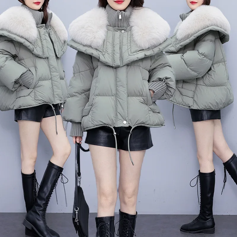 2024 Plus Size Fox Fur Collar Goose Down Jacket Women's Cropped Haining Winter Jacket New Trendy Thick Long Sleeves