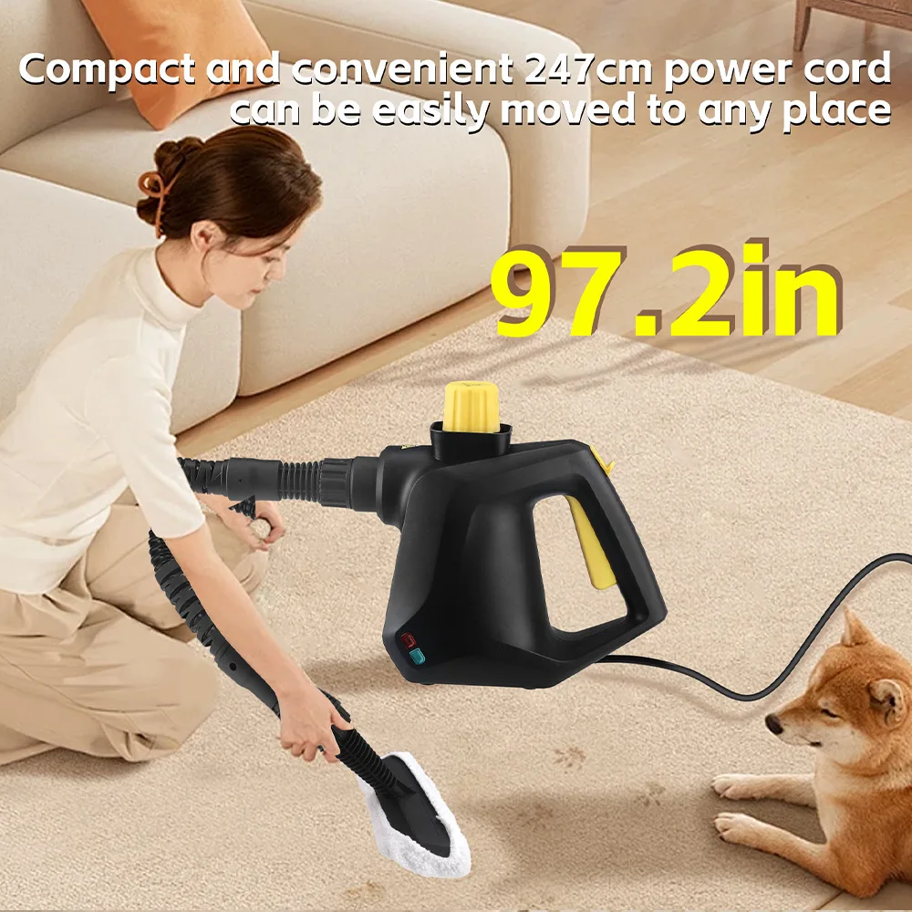 منظف بخار مضغوط محمول مع 9 ملحقات سلك طاقة 247 سم باخرة متعددة الأغراض للاستخدام المنزلي تنجيد أرضية السيارة