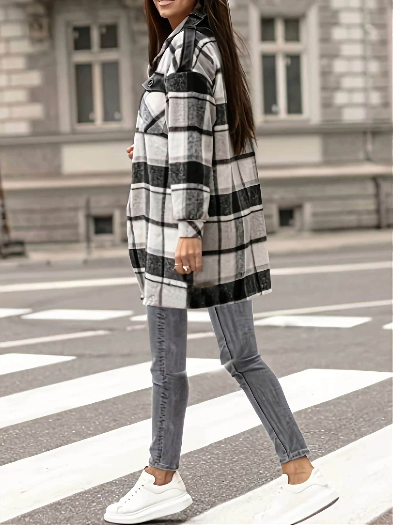 Women\'s Plaid Jacket Casual Button Wool Blend Winter Coats Long Sleeve Tartan Trench Coat With Pockets