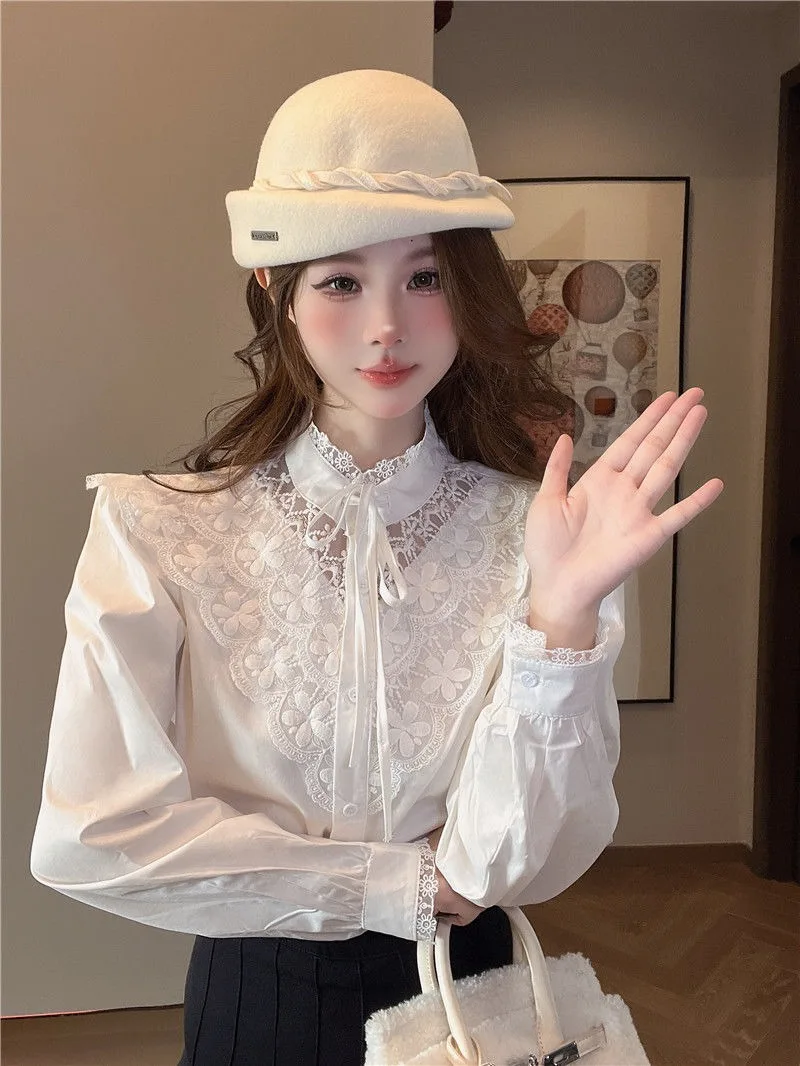 

French Lace Stand Collar Shirt Women Fashion Flounce Lace Up Bow Splice Printing Solid Slim Temperament Spring French Gentle Top