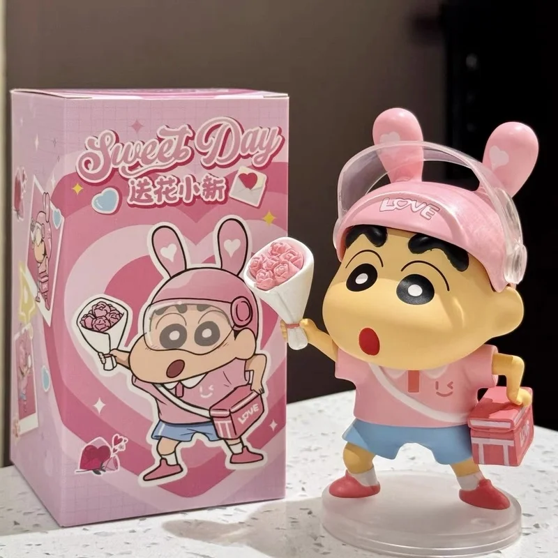 Urocza figurka Crayon Shin-Chan z kwiatkiem, kolekcjonerska figurka anime, dekoracja na biurko, prezent urodzinowy dla dziewczyny