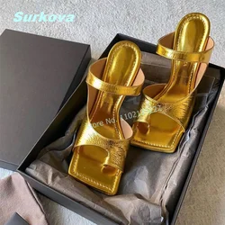 Gold Stiletto Flip Flops Square Toe Thin High Heels Newest Fashion Sexy Women Shoes Party Sandals Outside Mordern Slippers