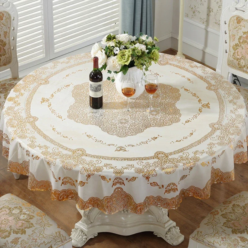 Large Round Table Water-proof Oil-proof Anti-scald Round Domestic Living Room Disk Table Hot Stamping Tablecloth Hotel Article