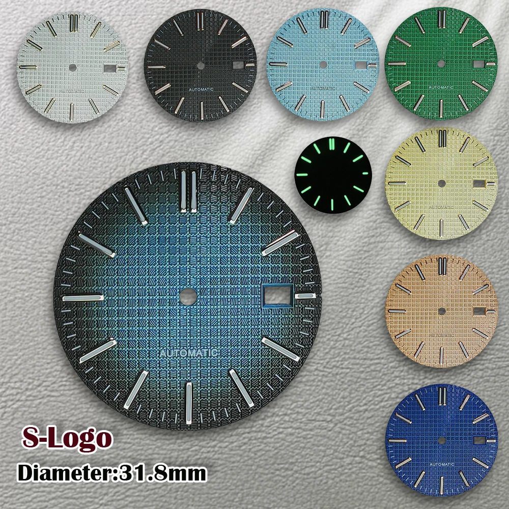 31,8 mm hochwertiges S-Logo-Eichen-Zifferblatt, passend für NH35/NH36/7S/4R japanisches Uhrwerk, grün leuchtende Uhr, Modifikation, Reparaturzubehör