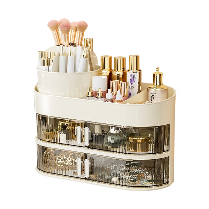 Cream Style Cosmetics Storage Box Skincare Products High-end Desktop Dustproof Dressing Table with Rotating Box Optional Layers