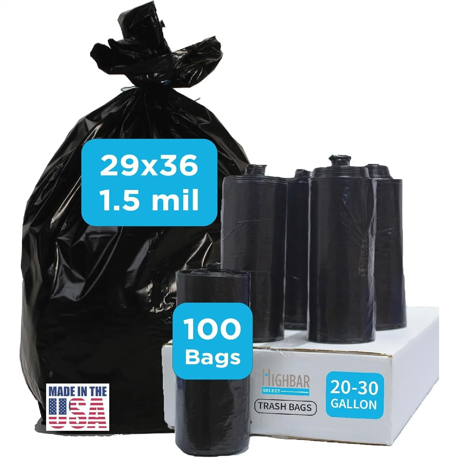 

Heavy Duty Black Trash Bags 30 Gallon for Kitchen Bathroom Commercial Use Unscented 1.5 Mil Coreless Rolls 29 x 36 100 Count