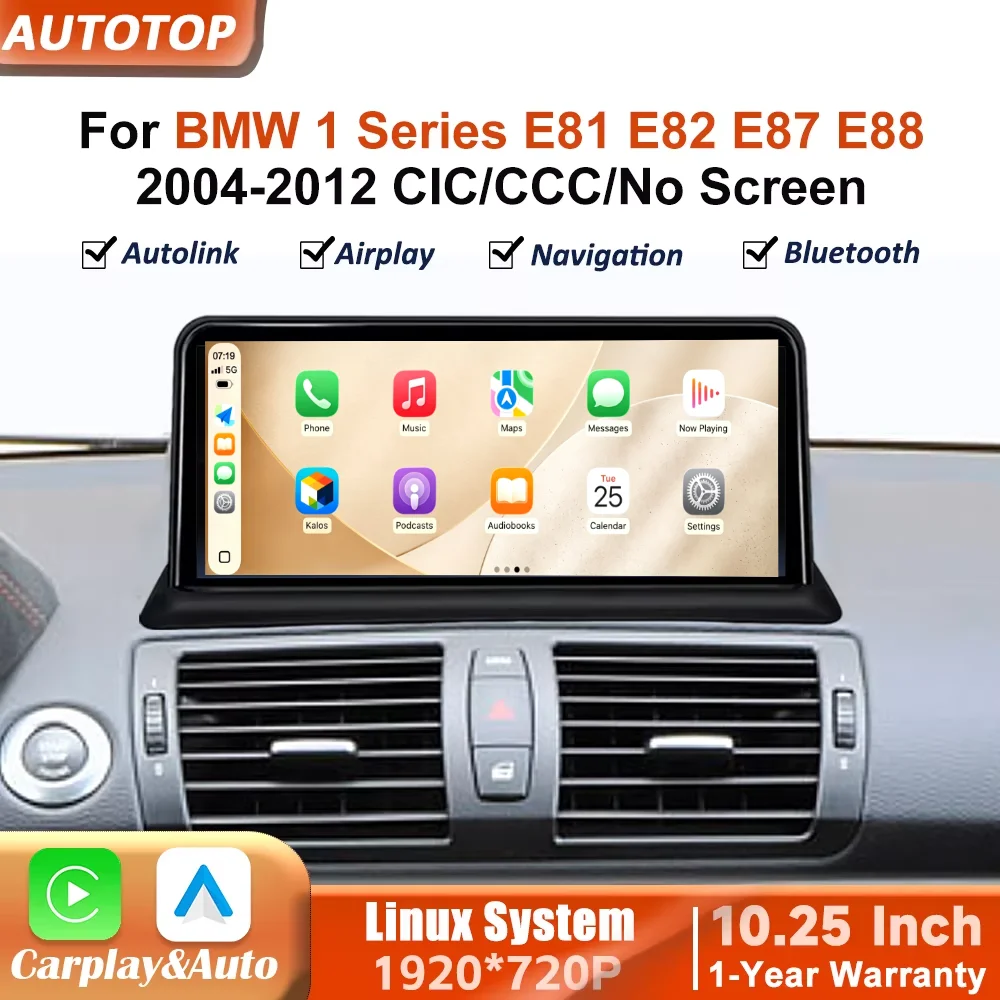 Autoradio con schermo touchscreen 1920*720P, sistema Linux, Carplay wireless, Android Auto, per BMW Serie 1 E81 E82 E87 E88 CIC CCC, senza schermo originale, 2004-2012, lettore multimediale video,