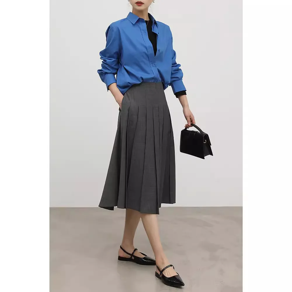 

Spring Commute New Simple Sle Extrine Wool A-Line Pleated Midi Skirt High-End f-length Skirts Women's Faion