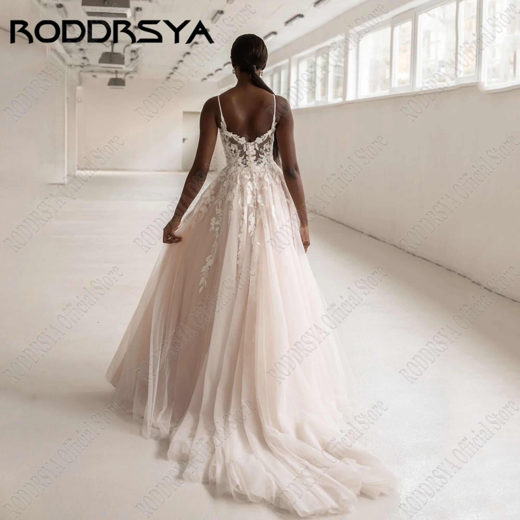 RODDRSYA-Vestidos De Novia bohemios De encaje con cuello en V, tirantes finos, línea A, Espalda descubierta, vestido De fiesta De Novia sin mangas De tulVestido de novia de estilo bohemio con encaje roddsya, correa de