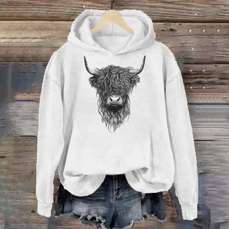 Women\'s Hoodie Highland Cow Print Casual Hoodie for Men Pullover Top Long Sleeve Unisex Sweatshirts With Hooded