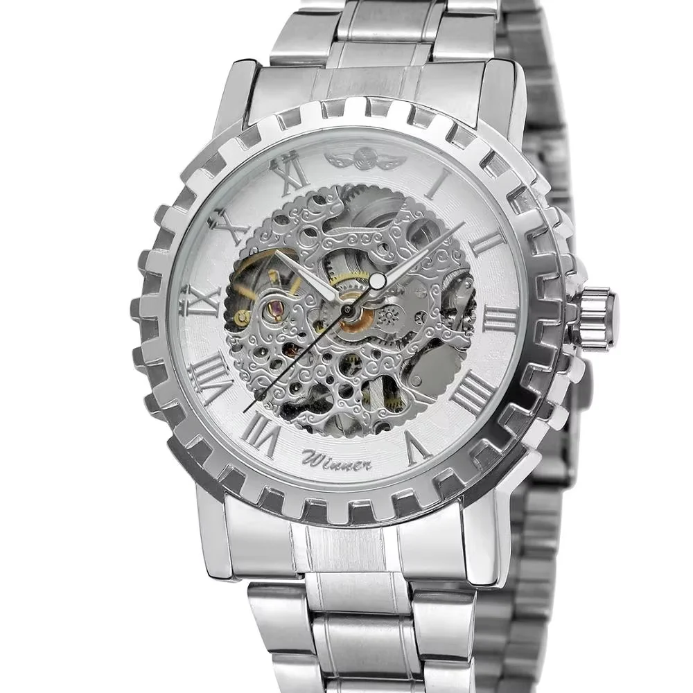T-WINNER WATCH การออกแบบเกียร์ใหม่รูปแบบสร้างสรรค์ตัวเลขโรมันนาฬิกาอัตโนมัติสําหรับผู้ชายสายเหล็กสีเงิน