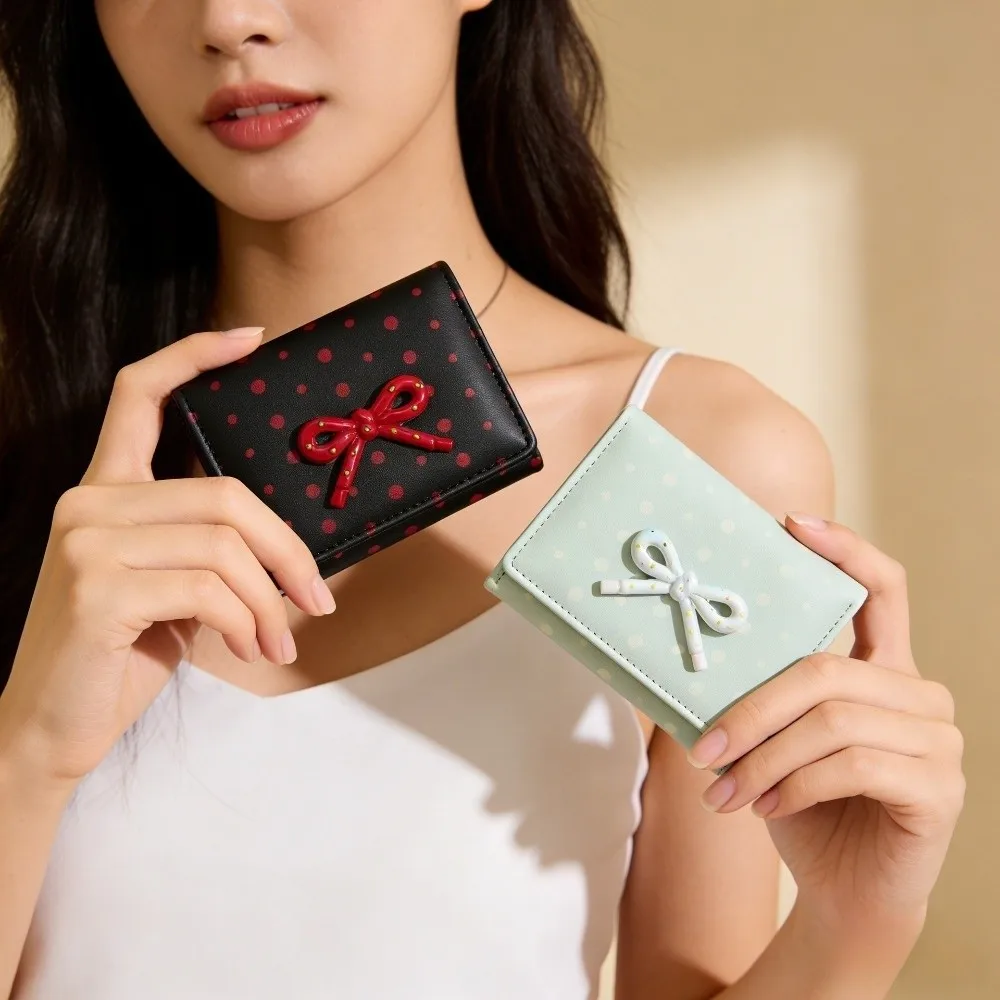 Polka Dot Bowknot Short Wallet Large Capacity Dopamine Color Student Simplicity Wallet Coin Purse PU Leather Card Holder Daily