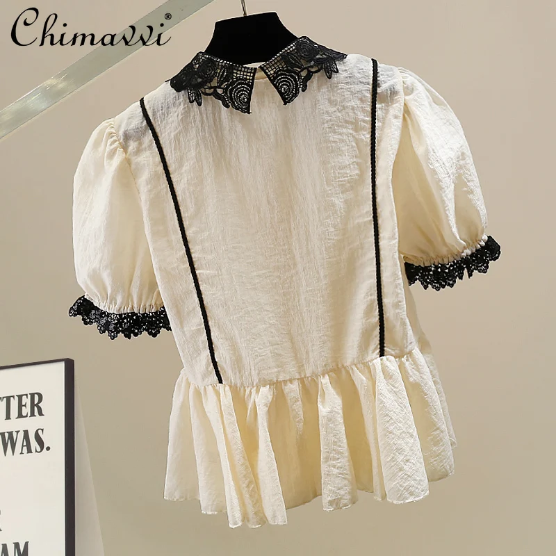 Korean Fashion Heavy Flower Sequin Splicing Bubble Sleeve Shirt Summer New Lapel Short Sleeve Slim Temperament Short Blouse Top