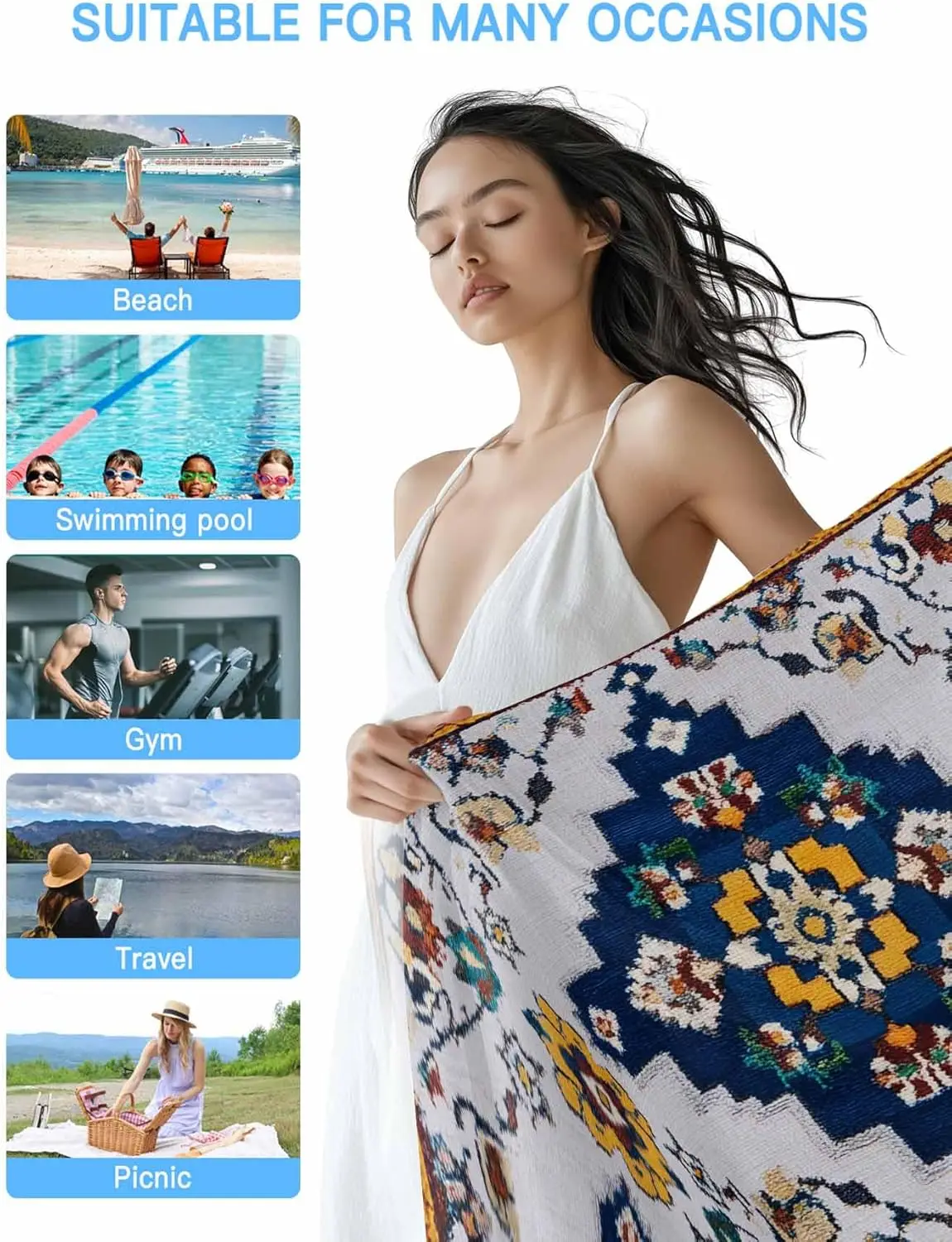 Abstract Bohemian Flowers Soft Absorbent Quick-Dry Sand-Free Microfiber Towel for Travel/Surf/Swim/Pool/Vacation Compact Towel