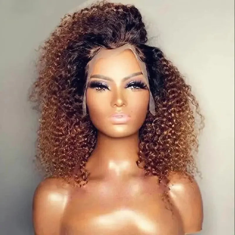 Bob Soft Preplucked Ombre Brown Lace Front Wig For Women 14Inch 180Density Kinky Curly Synthetic With Baby Hair Glueless Daily