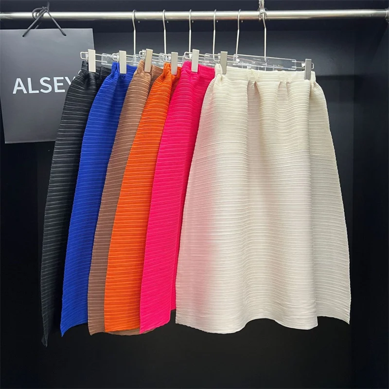Woman Clothing Miyake Solid Color Pleated Elegant Skirt Female Elastic Waist Fashion Color Swing Loose Joker Temperament Skirt