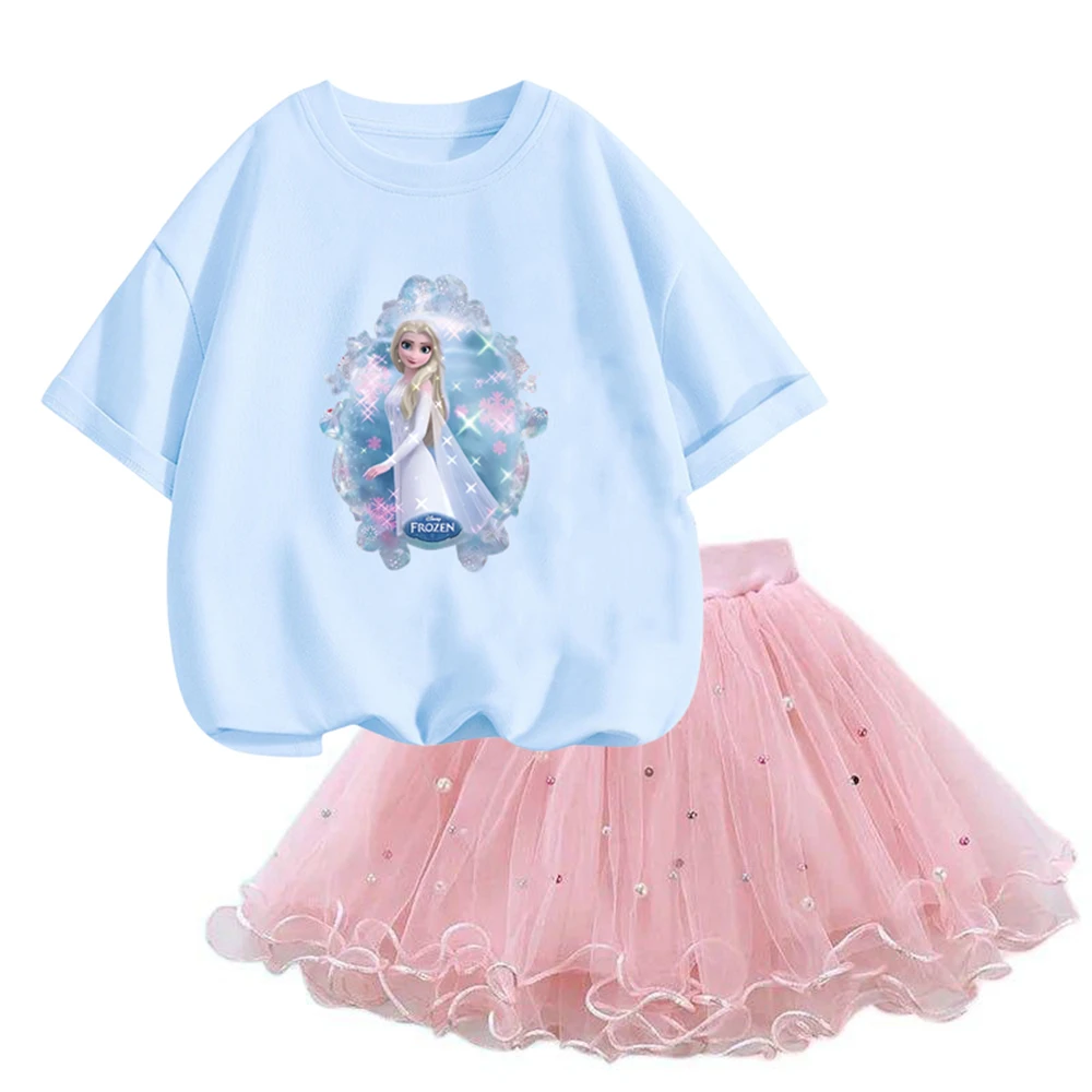 Summer 3-14 years Girls Frozen Clothing Elsa T Shirt& mesh Tutu Skirt Two Piece Set Fashion Korean Children Clothes Outfits