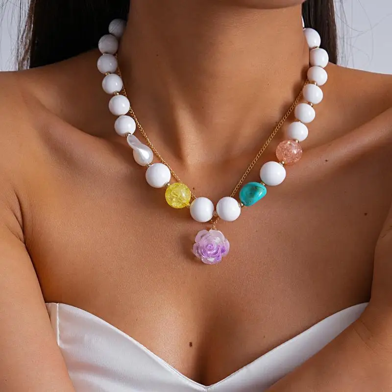 2PCS Bohemian Handmade Acrylic Beaded Clavicle Chain Colorful Choker Necklace for Wedding Guest Jewelry