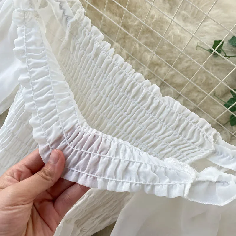 Primavera Estate nuove donne eleganti abito da vacanza manica a sbuffo slash neck spalle scoperte abiti in chiffon bianco femminile smock