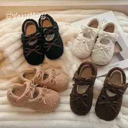 Cute Round Toe Lambswool Ballet Flats Kid Girl Winter Warm Plush Loafers Child Brand Design Teddy Fur Bowknot Mary Jane Shoes