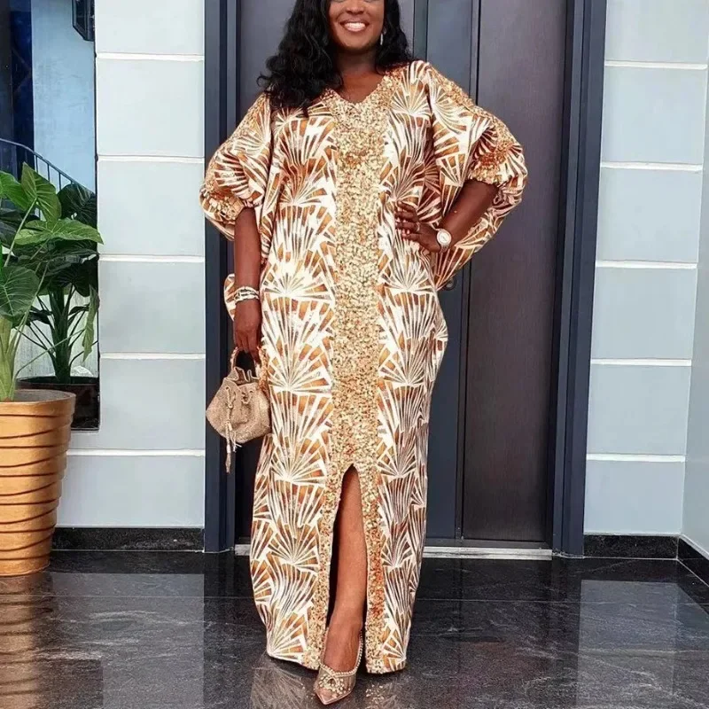 Vestido de fiesta musulmán para mujer, elegante, de lujo, con cuello en V, manga de murciélago, con lentejuelas, suelto, para fiesta de cumpleaños, cena, longitud hasta el suelo, 2025