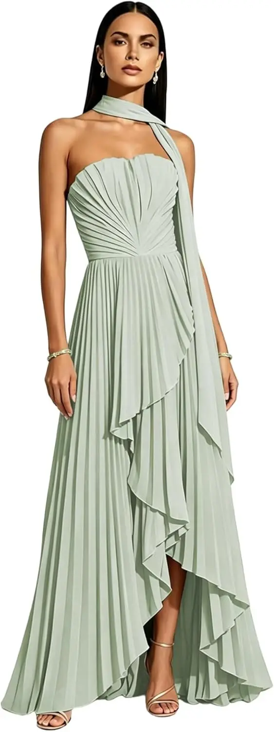 Vestidos de Dama de Honor sin Tirantes con Pañuelo para Mujer 2026, Vestido Formal de Gasa Plisado con Corte Asimétrico para Invitadas de Boda