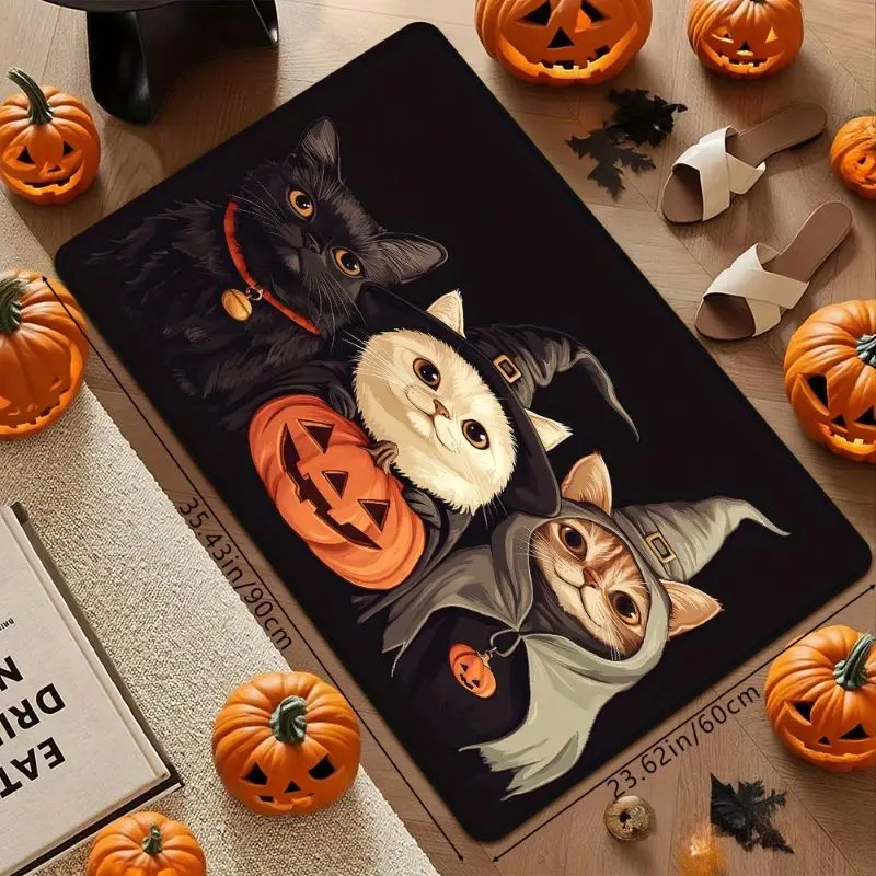 Halloween Black Cat Pumpkin Door Mat Gothic Style Area Carpet Anti slip Kitchen Floor Mat Entrance Foot Mat Home Decoration