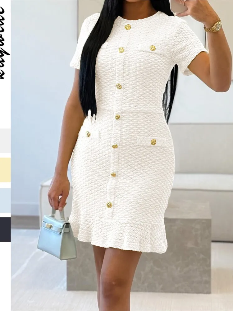 

Elegant Women's Slimming Body-hugging One-piece Short Skirt Summer Fashion Button O Neck Solid Color Woman Party Dresses 2025