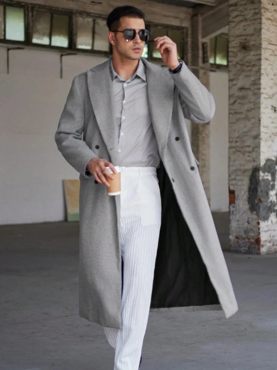 Luxury Grey Wool Men's Coat Double Breasted Trench Coat Party Prom Customized Formal Long Overcoat E26275