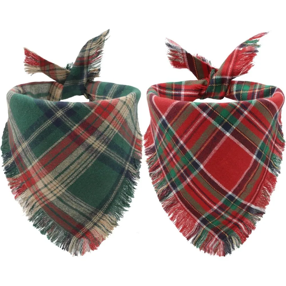 Christmas Dog Bandanas Plaid Two-Sided Tassels Holiday Scarf Stylish Triangle Dog Outfit for Winter Classic Pet Scarf for Dogs