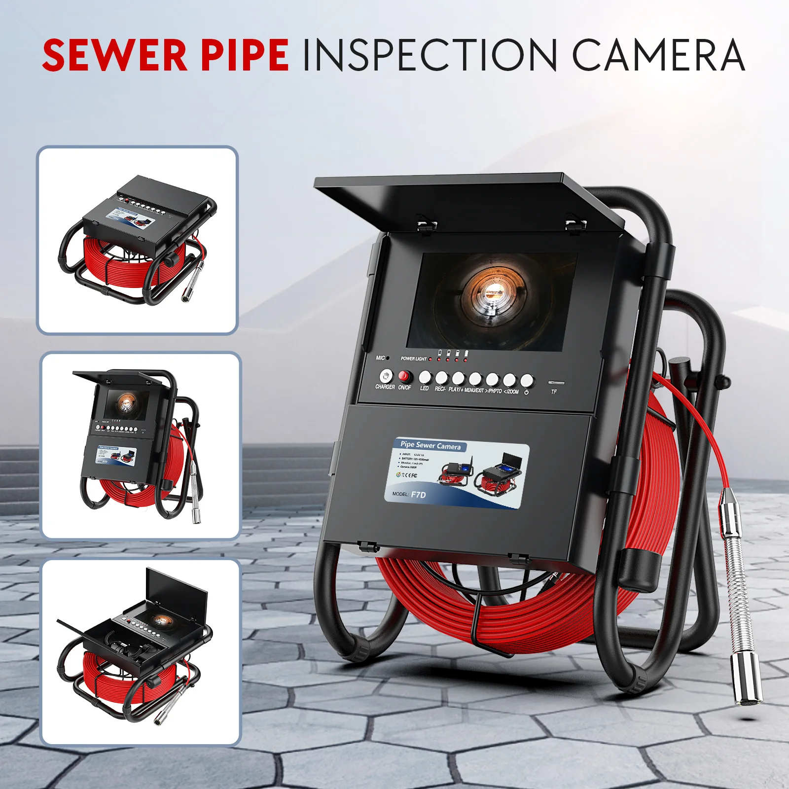 Sewer Pipe Inspection Camera, câmera endoscópio com tela de 7 ", gravador DVR, cartão de 16GB, IP68 impermeável, 23mm, 30m