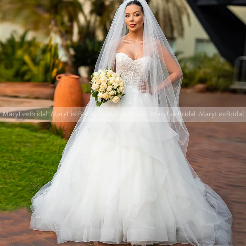 Suknia ślubna bez ramiączek, balowa, z warstwową tiulową spódnicą, szyta na miarę, z koronkowymi aplikacjami księżniczki, suknia ślubna vestidos de novia 2026