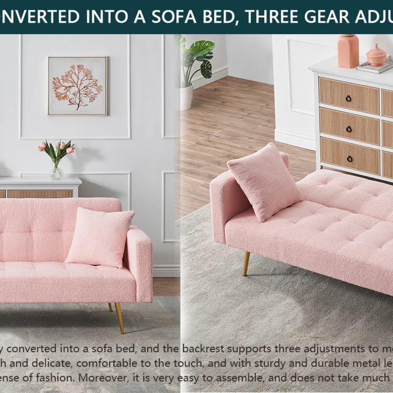 Sofa Bed Bulu Teddy Pink 71,7 Inci Dilengkapi Dua Bantal Lempar Gratis Furnitur Multifungsi Ruang Tamu Rumah yang Nyaman