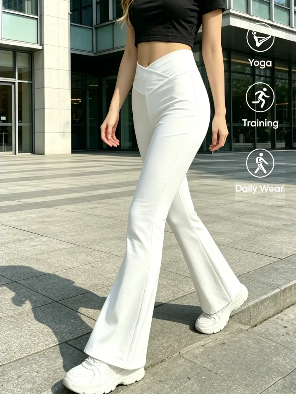 Ladies' White High Cross Waist Hip Bell Bottoms Are Breathable, Comfortable and Fashionable, Suitable for Travel and Sports.